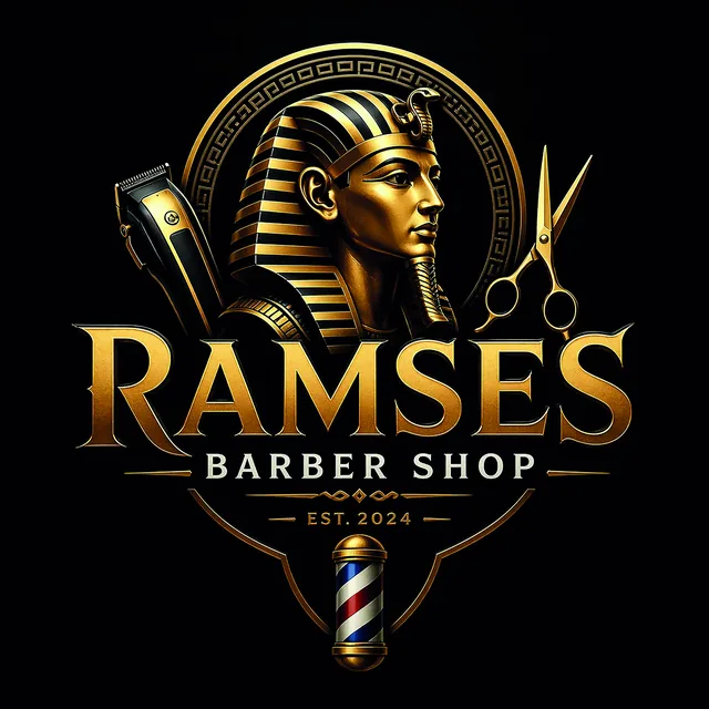 Ramses Barber Shop Logo – Pharao mit Schere und Haarschneidemaschine, Est. 2024